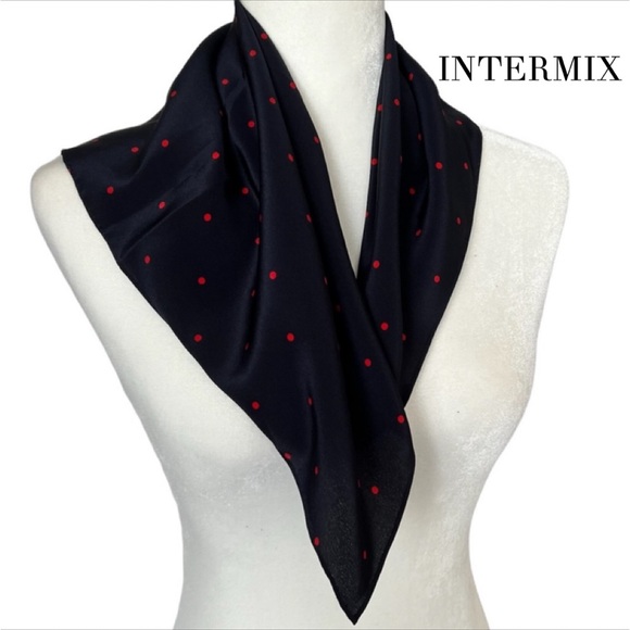 Intermix Navy Blue and Red Polka Dot Silk Scarf - NEW - Picture 9 of 10